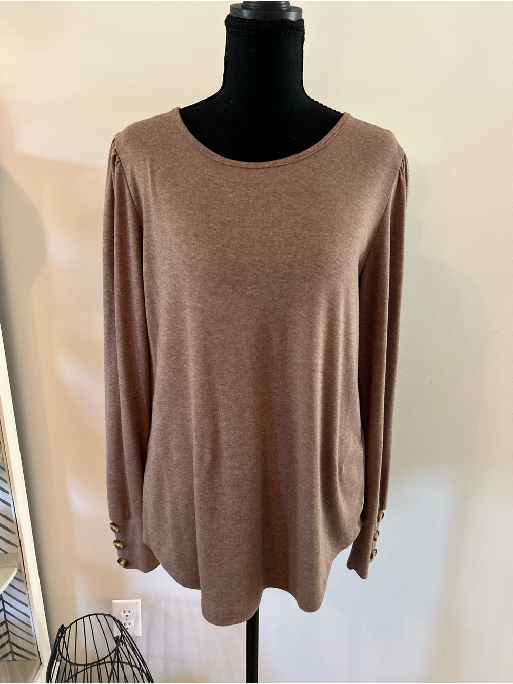Women's Taupe Long Sleeve Crewneck Top with Button Cuffs